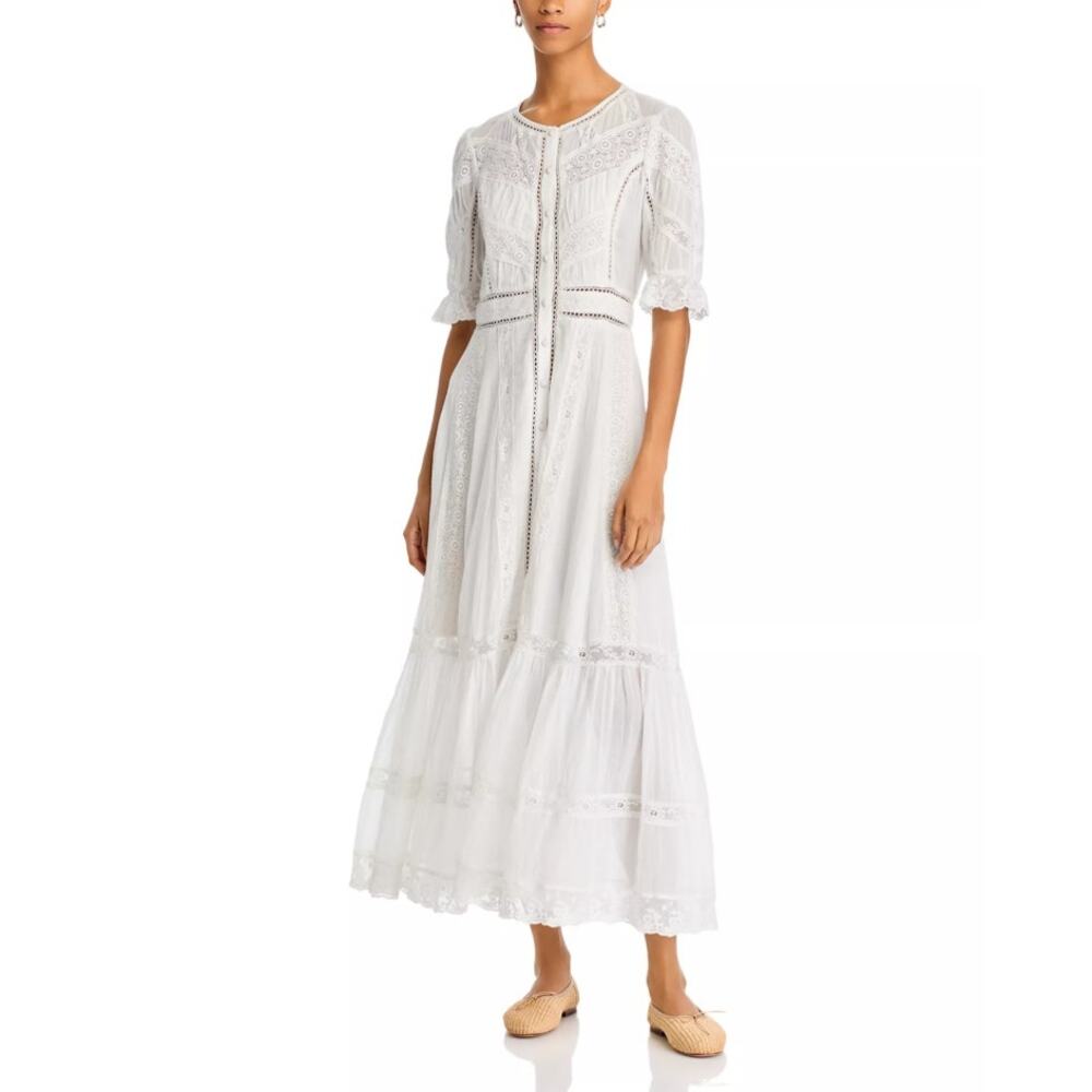 LoveShackFancy Women White Cotton Lace Trim Jovina Bohemian Maxi Dress Size US 2